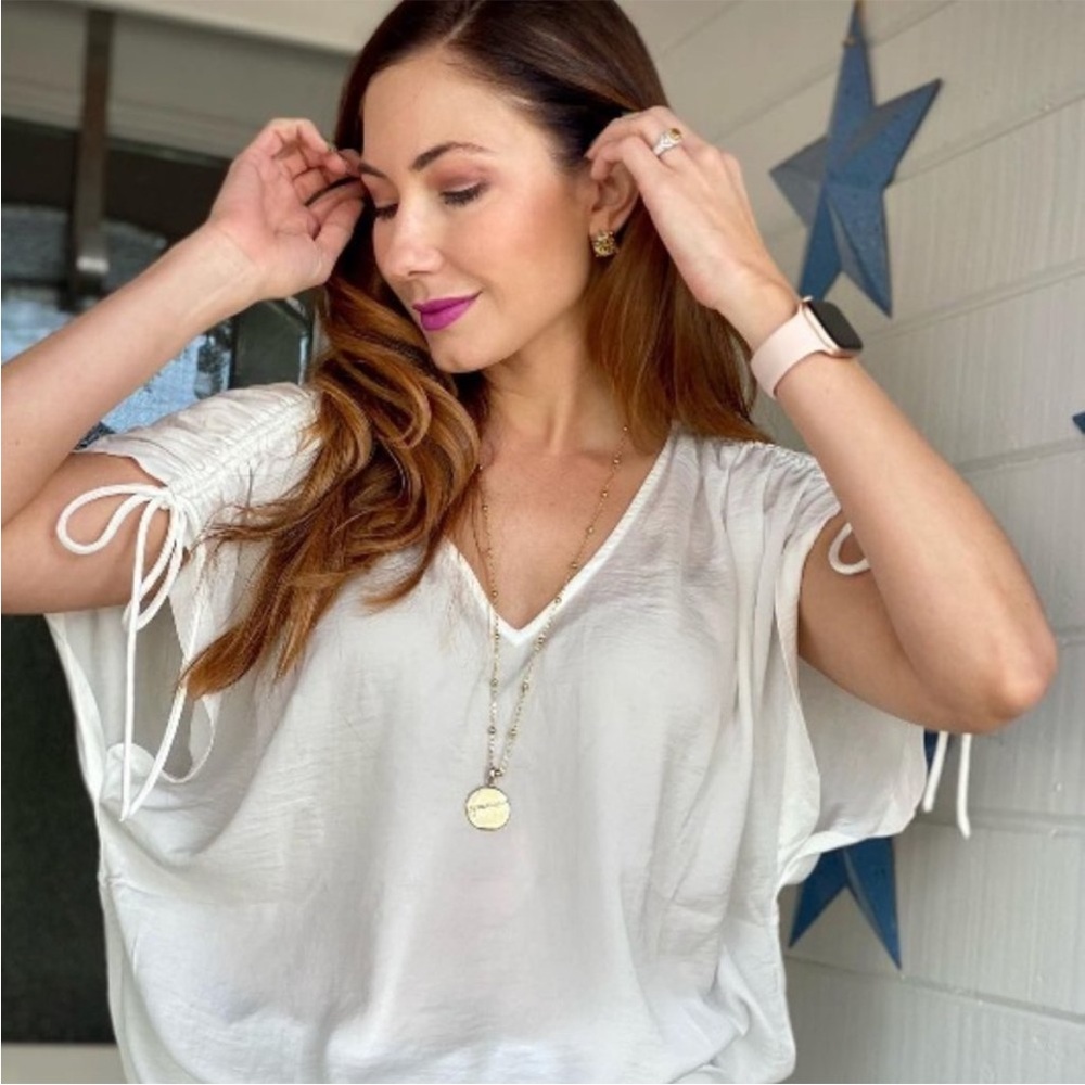 CAbi White V-Neck Tie Sleeve Blouse